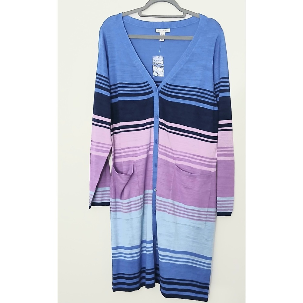 Denim & Co. Canyon Retreat Cardigan Size 1X Purple Blue Striped Button Front NEW